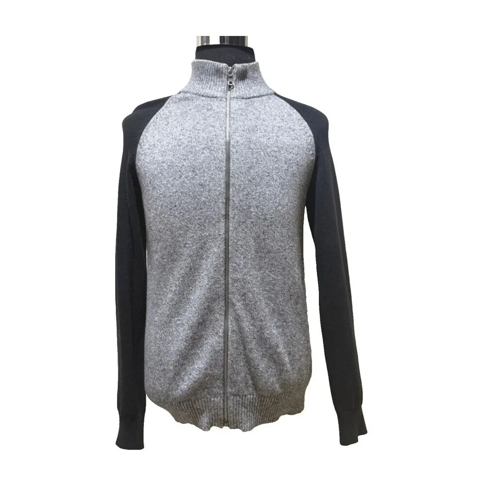 Banana Republic Mens Gray Black Mock Neck Full Zip Knit Sweater Jacket Pullover